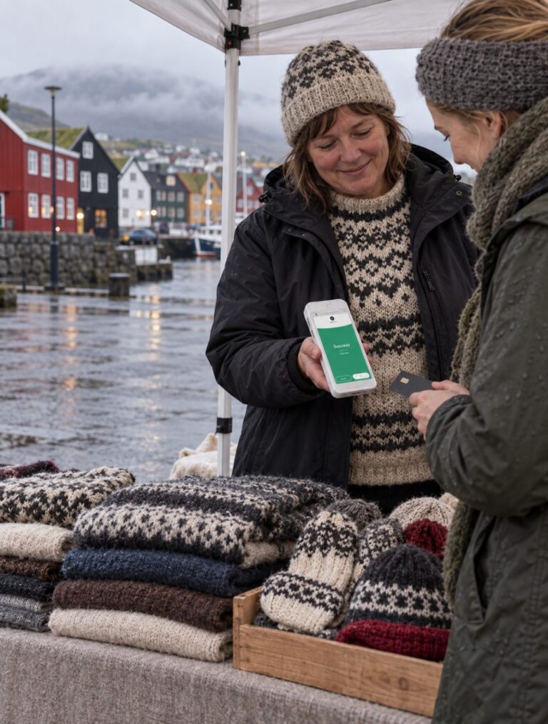 Seljari við ullvørum á jólamarknaði í Havn tekur ímóti kortgjaldi