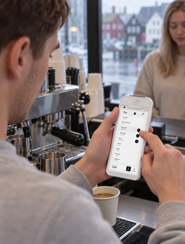 Kassaskipanin á handhildnu eindini í einum pop-up kaffibási