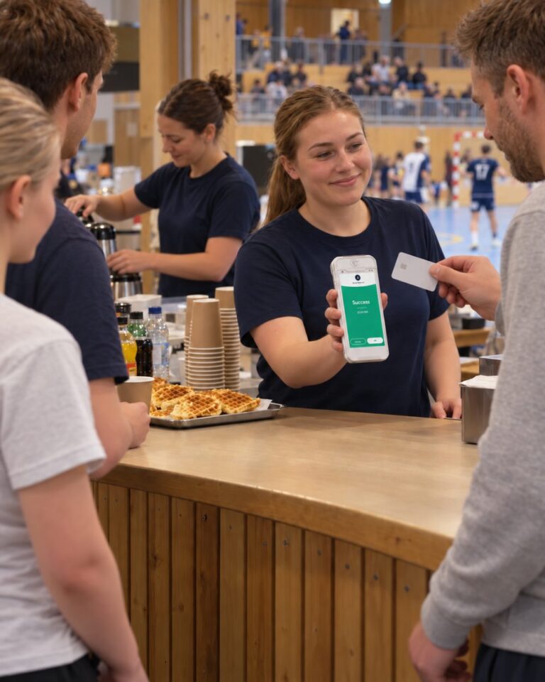 Sjálvboðin í kioskini í ítróttarhøllini tekur ímóti kortgjaldi í hálvleiki